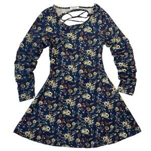 Cottagecore Floral Mini Dress Open Back Long Sleeve Blue Coquette Large